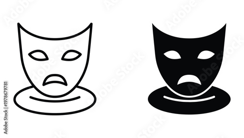 Contrasting theatrical masks depicting sadness in different styles