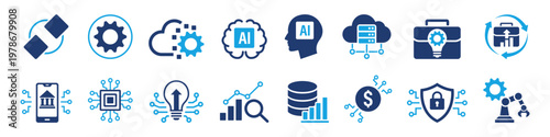 Digital Transformation Flat Icons Set, AI Technology, Data, Cloud, Cybersecurity, Fintech, Blockchain, Automation, Industry