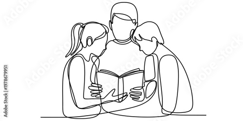 A beautiful continuous line drawing featuring a parent reading a story to their two young children