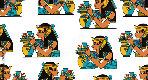 Ancient Egyptian Queen Seamless Pattern Vector Illustration featuring Cleopatra with Golden Ornaments and Floral Vases for Historical Textile Design
