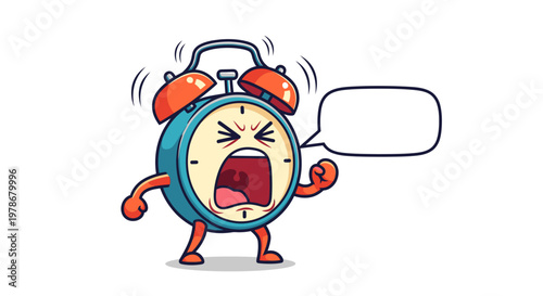 Angry Alarm Clock Character Vector Illustration with Empty Speech Bubble for Text Mockup Design Concept