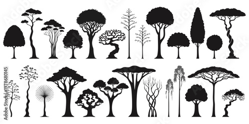 Collection of diverse tree silhouettes in black and white representing various natural forms and artistic styles isolated on a white background deciduous tree evergreen tree