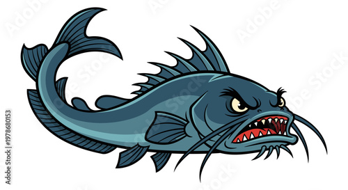 Angry Catfish Mascot Vector Illustration, Aggressive Predator Fish Character Design for Sports Team Logo or Gaming Emblem in Bold Cartoon Style
