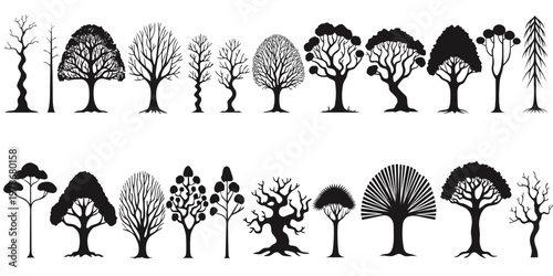 Collection of unique tree silhouettes with detailed branch structures silhouette illustration seasonal evergreen deciduous landscape background isolated minimalist