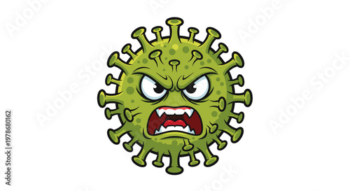 Angry Coronavirus Character Vector Illustration, Aggressive Green Virus Mascot with Sharp Teeth and Menacing Expression for Health Awareness and Medical Concept Design