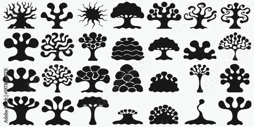 Collection of unique and stylized tree shapes in black and white resembling organic or coral-like structures on a white background design element silhouette isolated artistic