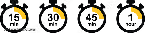 Timer icons set, stopwatch symbol quick time countdown timer and speed measurement vector icons for time tracking and productivity applications.