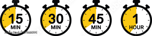 Timer icons set, stopwatch symbol quick time countdown timer and speed measurement vector icons for time tracking and productivity applications.