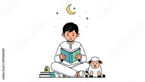 Muslim boy reading Quran with sheep under crescent moon and stars vector illustration for Ramadan or Eid al-Adha