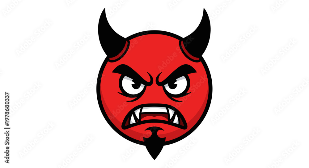 Obraz premium Angry Red Devil Face Vector Illustration Featuring Aggressive Cartoon Character with Horns and Fangs for Gaming Avatars or Mascot Design Projects