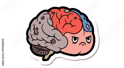 Angry Human Brain Character Vector Illustration, Cartoon Style Graphic Representing Frustration and Mental Stress for Psychological Health Concepts