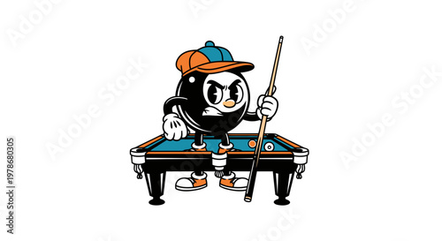 Angry Eight Ball Character with Pool Cue Vector Illustration in Retro Cartoon Style for Sports Mascot Design