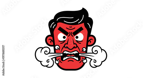 Angry Man Face Exhaling Steam Vector Illustration, Expressive Cartoon Character Head Showing Intense Rage and Frustration for Emotional Design Projects