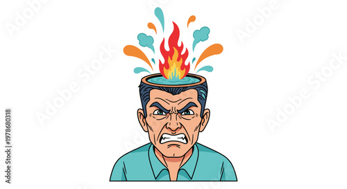 Angry Man with Burning Head Vector Illustration, Concept of Stress and Mental Burnout for Business and Psychology Design