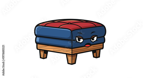 Angry Ottoman Footstool Character Vector Illustration, Funny Furniture Mascot with Grumpy Expression for Interior Design Concept Art and Home Decor Graphics