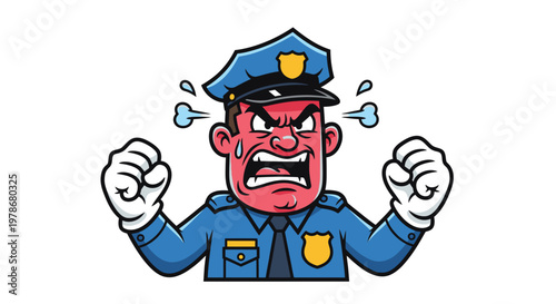 Angry Police Officer Cartoon Character Vector Illustration Expressing Rage and Frustration with Clenched Fists and Red Face for Law Enforcement Concepts