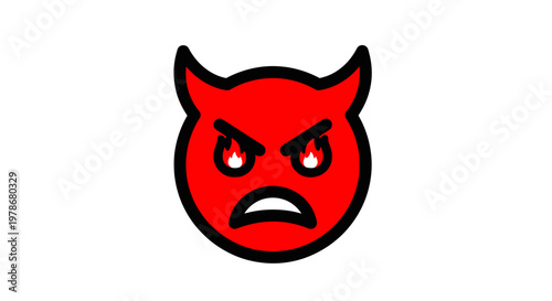 Angry Red Devil Face Icon Vector Illustration, Stylized Cartoon Demon Character with Fiery Eyes for Gaming Avatars, Social Media Emoticons and Graphic Design Projects