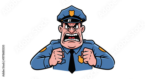 Angry Police Officer Character Vector Illustration, Aggressive Law Enforcement Mascot Design for Security and Authority Concepts