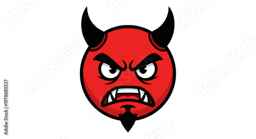 Angry Red Devil Face Vector Illustration Featuring Aggressive Cartoon Character with Horns and Fangs for Gaming Avatars or Mascot Design Projects