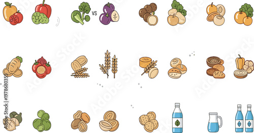 Healthy Food Alternatives Comparison Set with Vegetables, Grains, Nuts, and Drinks Vector Illustration for Nutrition Education, Diet Planning, and Clean Eating Concepts.