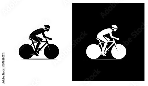 Modern bicyclist silhouette icon with positive and negative black and white versions for universal cycling symbol