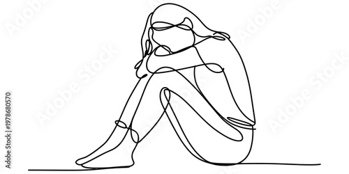 A single continuous line drawing of a person sitting alone in a sad and pensive fetal position