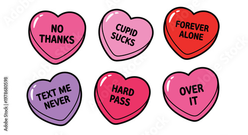 Anti-Valentine Heart Candy Vector Illustration with Sarcastic Phrases for Cynical Holiday Greeting Cards and Social Media Graphics