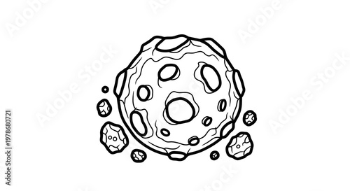 Asteroid with Craters Vector Illustration, Space Rock Surface Design in Simple Line Art Style for Astronomy and Science Education Projects