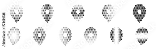 Location Marker Halftone Icon Collection – Location Marker Dotted Circles Halftones Geometric Dots Gradient – Dot Spray Gradient Vector Set for Modern Graphic Design