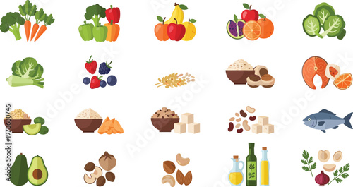 Healthy Food Groups Icon Set with Fruits, Vegetables, Grains, Protein, Dairy, and Fish Vector Illustration for Balanced Diet, Nutrition, and Wellness Design.