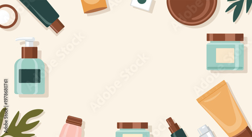 This vector illustration features an assortment of skincare and beauty products arranged in a circle, creating a frame for central text.