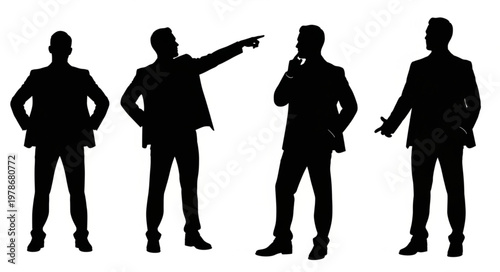 Four Male Business Silhouettes Standing and Gesturing.