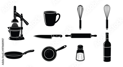Black kitchen utensils and a beverage in a stark silhouette