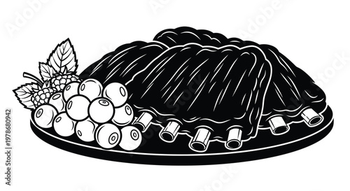 Rack of ribs with grapes and leaves in a striking silhouette
