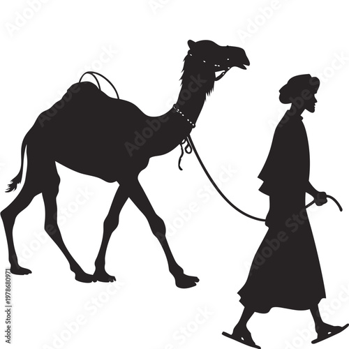 Desert travel, camel and rider, silhouette vector, black icon, desert trekking