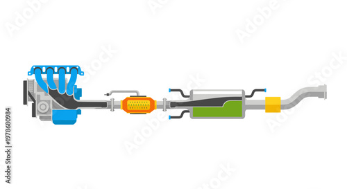 Automotive Exhaust System Vector Illustration, Internal Combustion Engine Components and Catalytic Converter Diagram for Vehicle Maintenance and Engineering Design