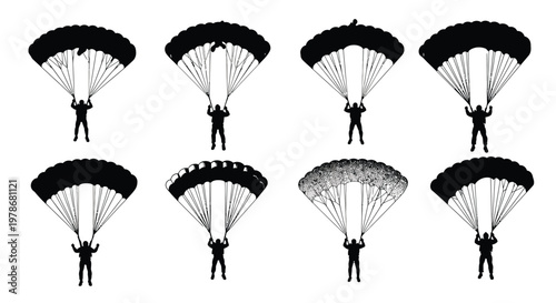 Eight skydivers descending with open parachutes a striking silhouette