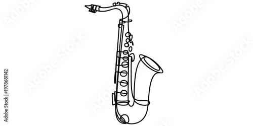 A detailed minimalist line art drawing of a classic musical saxophone on a plain white background