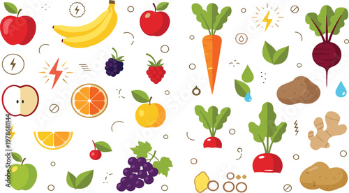 Healthy Fruits and Vegetables Set with Energy and Vitamin Symbols Colorful Vector Illustration for Nutrition, Diet, Wellness, and Organic Food Design.