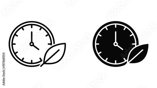 Contrasting clock icons paired with leaf elements in white and black versions