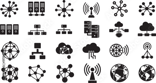 Black and white network icons on a clean white background