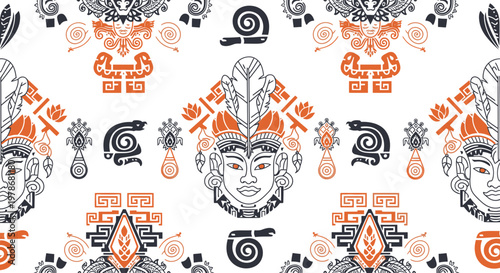 Aztec Mayan Tribal Mask Pattern Vector Illustration Ethnic Ancient Culture Decorative Seamless Background Design for Textile and Wallpaper Print