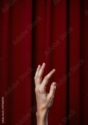Hand reaching towards red velvet curtains symbolizing Halloween  