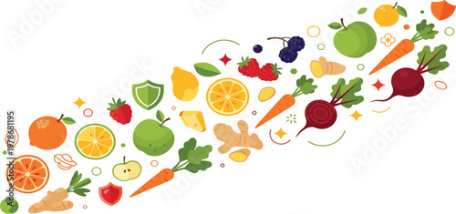 Healthy Fruits and Vegetables Flow Composition with Citrus, Carrot, Beetroot, and Ginger Dynamic Vector Illustration for Nutrition, Immunity, and Organic Food Design.