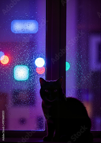Black cat sitting on windowsill with raindrops at night concept of Halloween  