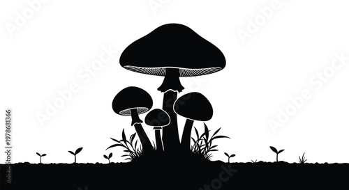 Detailed black silhouette of a cluster of mushrooms growing from the ground alongside small sprouts and blades of grass.