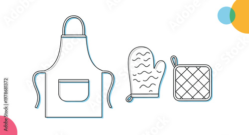 Essential kitchen safety set including a white apron with a front pocket, a quilted oven mitt, and a square potholder.