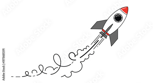 Colorful rocket ship blasting off with a swirling smoke trail depicted in a fun and energetic cartoon illustration.
