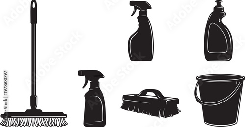 Cleaning supplies and tools in black silhouette on white background