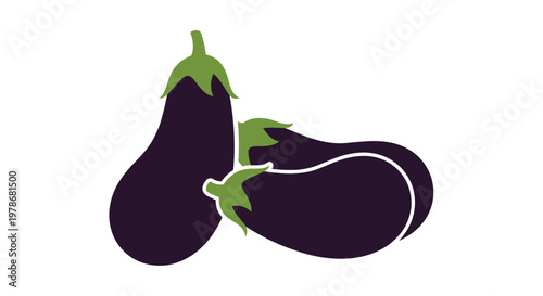 Trio of fresh purple eggplants with green stems arranged together as a healthy vegetable group isolated on white background.